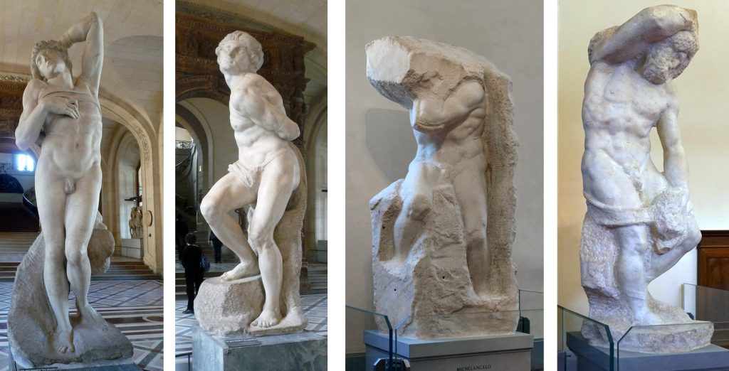 From left to right: Michelangelo, Slaves (commonly referred to as the Dying Slave and the Rebellious Slave), 1513–15, marble, 2.09 m high (Musée du Louvre, Paris, photo: Steven Zucker, CC BY-NC-SA 2.0); Captives (commonly referred to as the Atlas Captive and the Bearded Captive), c. 1530–34, marble, 2.77 m and 2.63 m high (Galleria dell’Accademia, Florence, photo: Steven Zucker, CC BY-NC-SA 2.0)