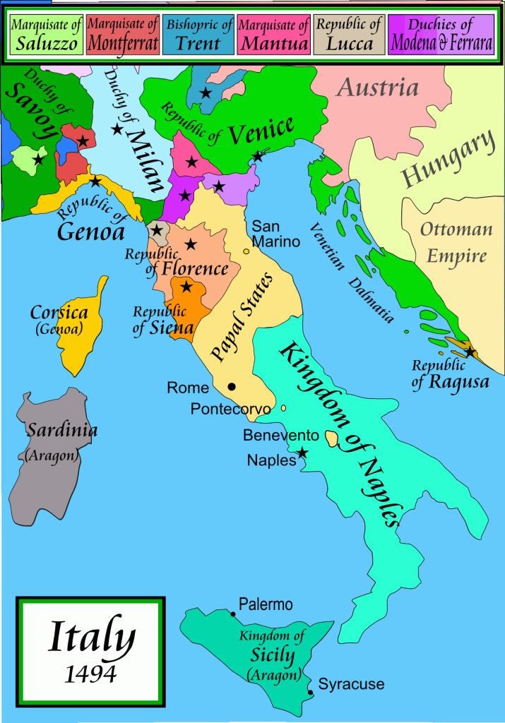 Map of Italy in 1494 showing republics and sovereign states.