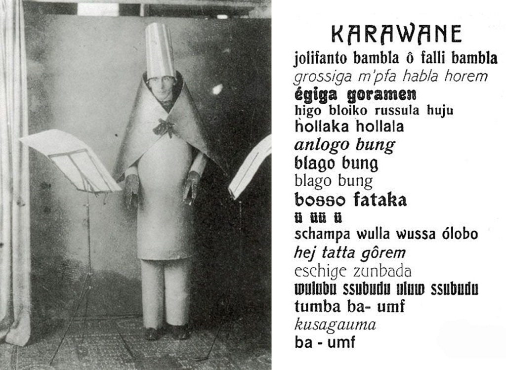Hugo Ball reciting the sound poem “Karawane, photographed at the Cabaret Voltaire, Zürich, 1916