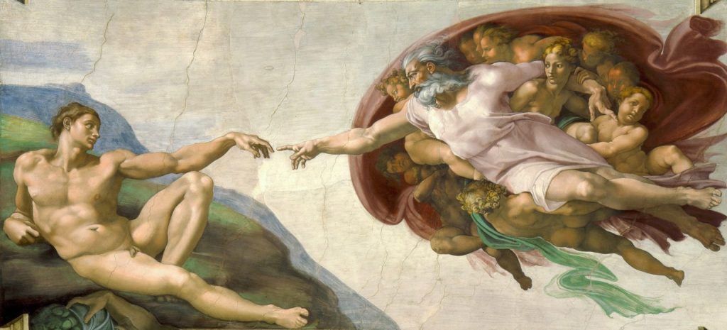 Michelangelo, Creation of Adam, ceiling of the Sistine Chapel (detail), 1508–12, Vatican, Rome