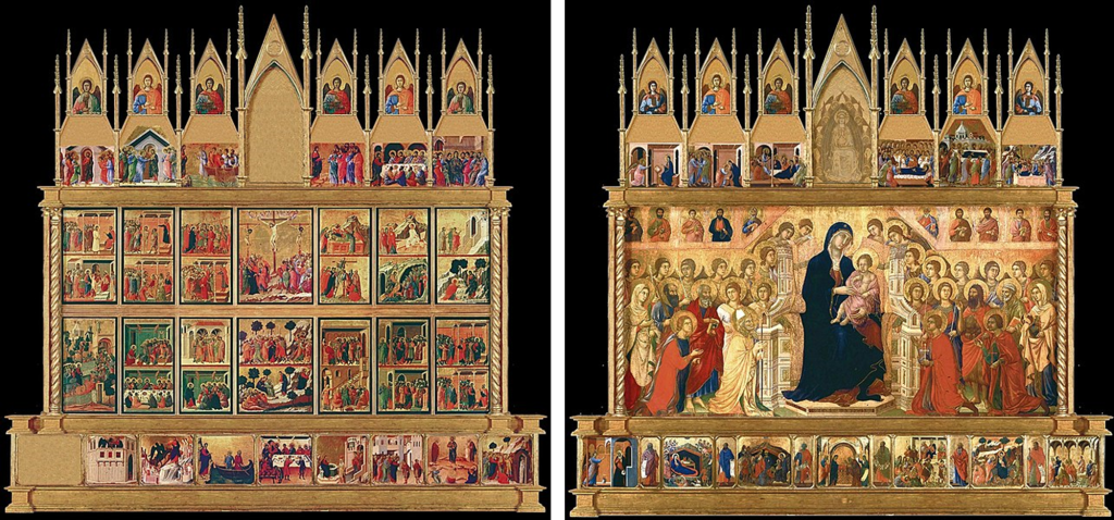 Duccio di Buoninsegna, Maestà (Virgin Enthroned in Majesty), front and back views, 1308-1311. Tempera and gold leaf on wood 7’ x 13’. Siena Cathedral, Siena, Italy.