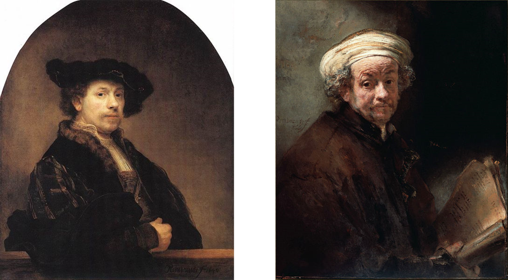 Rembrandt van Rijn, Self-Portrait, Leaning on a Sill (aged 34), 1640. Oil on canvas, 3’4-1/8” x 2’ 7-1/2”. National Gallery, London. (left) Rembrandt van Rijn, Self-Portrait as Saint Paul (aged 55), 1661. Oil on canvas, 35-7/8” x 30-3/8”. Rijksmuseum, Amsterdam. (right)