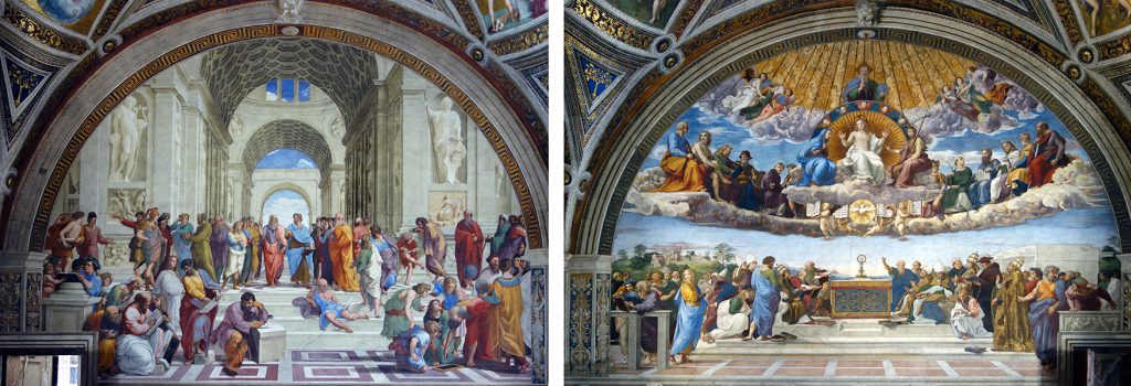 Raphael, School of Athens (left) and Disputà (right), fresco, 1509–1511 (Stanza della Segnatura, Papal Palace, Vatican)