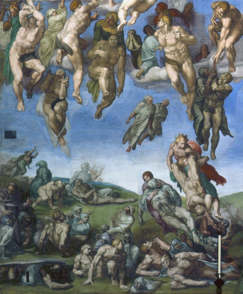 The dead rise from their graves and float to heaven, some assisted by angels. In the upper right, a couple is pulled to heaven on rosary beads, and just below that a risen body is caught in violent tug of war (detail), Michelangelo, Last Judgment, Sistine Chapel, altar wall, fresco, 1534–41 (Vatican City, Rome; photo: Alonso de Mendoza)