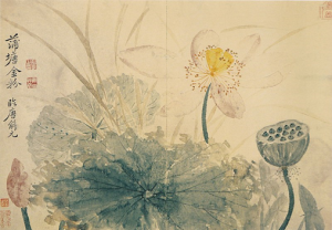 Yun Shouping, Lotus Glittering in the Pond. Second half of the 17th century. Sheet from Album of landscapes and flowers, Ink and colors on paper, 28.2 x 40.8 cm.