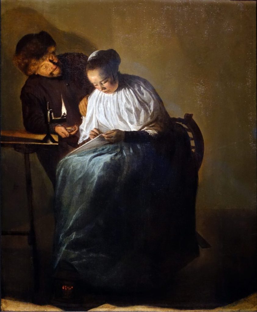 Judith Leyster, Man Offering Money to a Woman (The Proposition), 1631, oil on panel, 11-3/8 × 9-1/2 inches (Mauritshuis, The Hague)