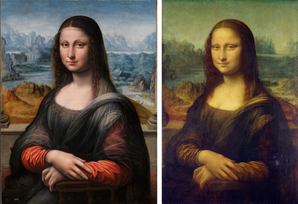 Left: Unknown, Mona Lisa, c. 1503–05, oil on panel (Museo Nacional del Prado, Madrid); right: Leonardo da Vinci, Portrait of Lisa Gherardini (known as the Mona Lisa), c. 1503–19, oil on poplar panel, 77 x 53 cm (Musée du Louvre, Paris)