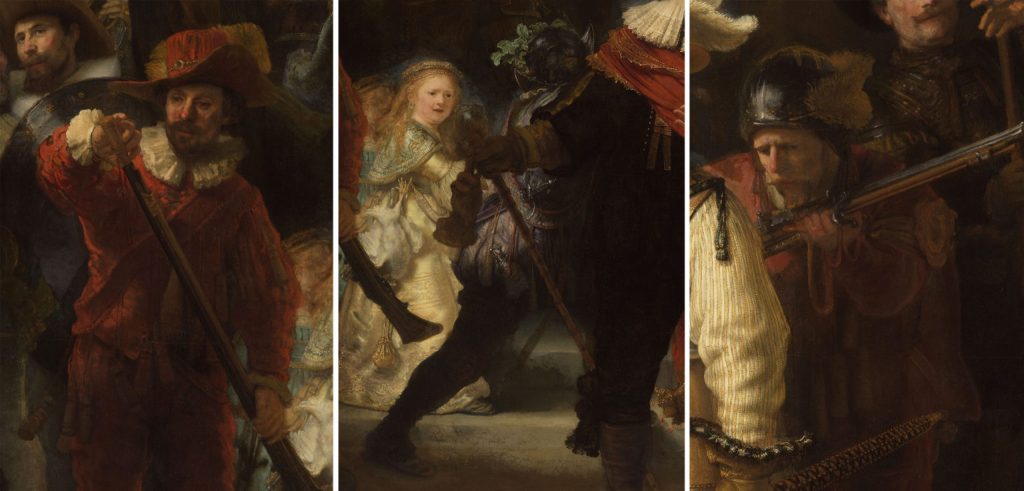 Details, left to right: musketeer in red, musketeer with oak leaves helmet, and musketeer blowing off powder, Rembrandt van Rijn, The Night Watch, 1642, oil on canvas, 379.5 x 453.5 cm (Rijksmuseum, Amsterdam)