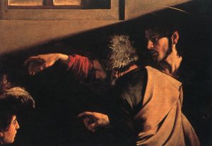 Caravaggio, Calling of St. Matthew (detail), c. 1597-1601. Oil on canvas, 11’1” x 11’5”. Contarelli chapel, San Luigi dei Francesi, Rome.