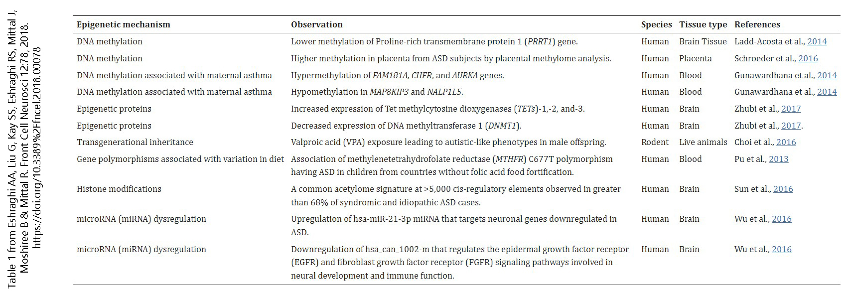 Table showing evidence for epigenetic mechanisms in autism