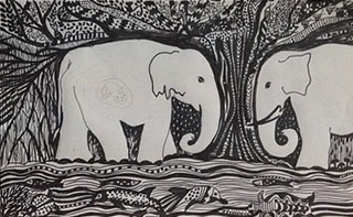 Pen and ink drawing of elephants.