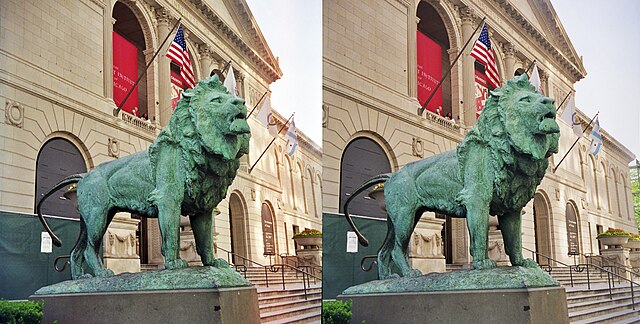 Stereo image of the lion statue at the Art Institute of Chicago.