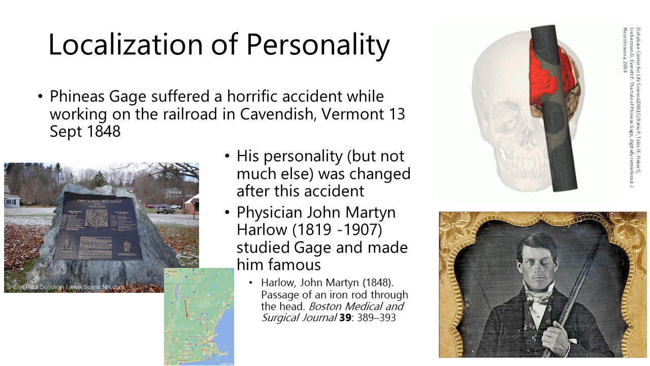 Slide illustrating the accident suffered by Phineas Gage.