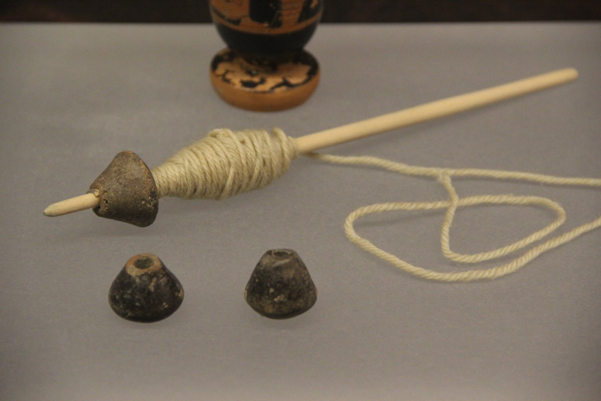 Photographs of spindles used by ancient Greeks to spin yarn.