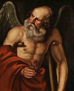 An image of Chronos, the Greek god of time. He is an old man with feathered wings, wearing a kind of draped red toga, and supported by crutches. In his hand he holds an hourglass.