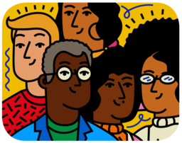 An image of a community of people. There are five cartoon people.