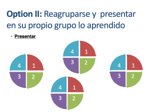 Four circles divided into fourths. The text says, "Option 2: Reagruparse y presentar en su proprio grupo lo aprendido: Presentar."