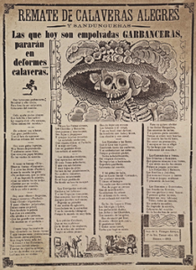 An image of a newspaper article discussing La Catrina, with an image of her at the top.