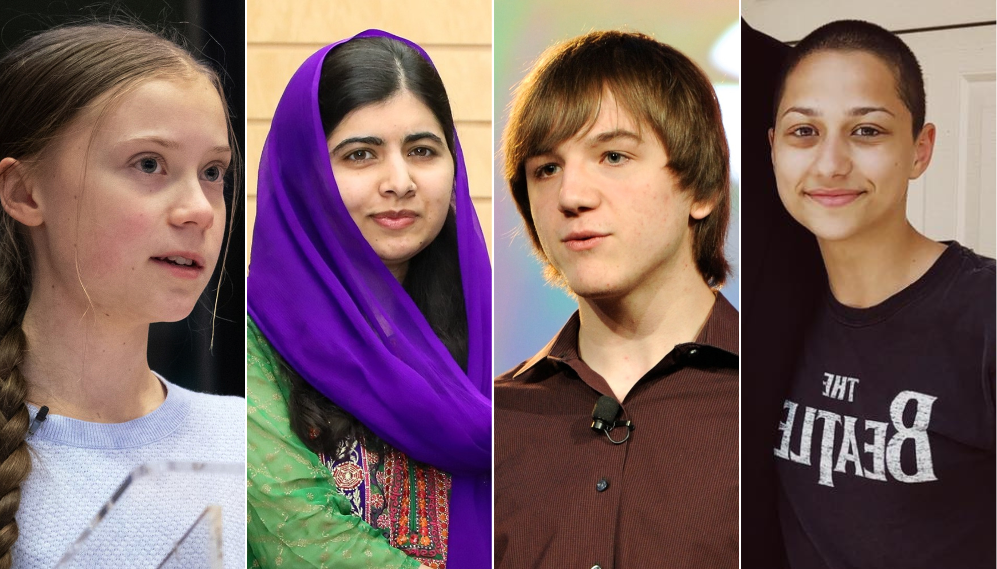 Images of four teenagers sit side by side. The teenagers shown are Greta Thunberg, Malala Yousafzai, Jack Andraka, and X Gonzales (formally known as Emma Gonzales).