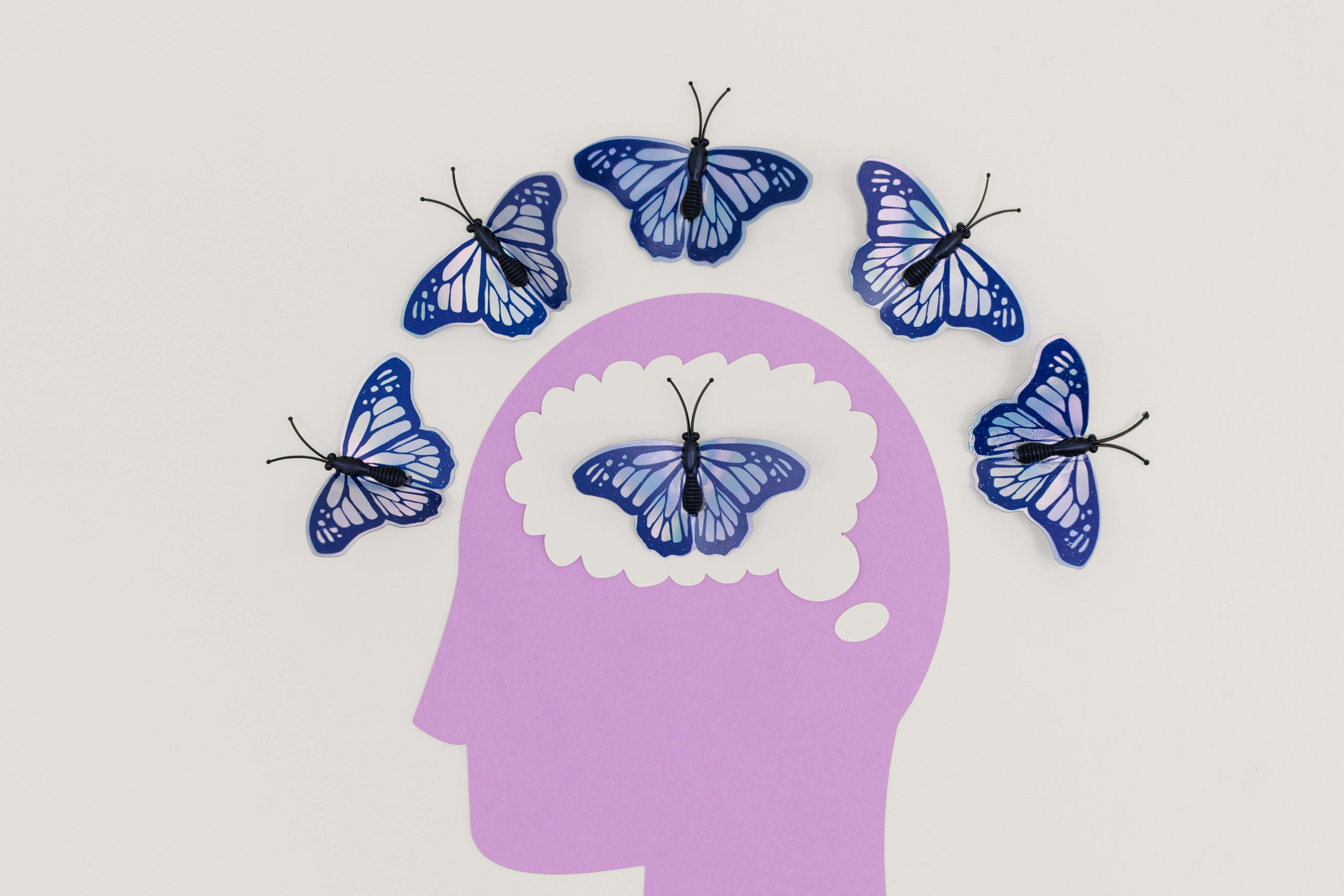 An illustration of a side profile head with blue butterflies in the brain and around the head.