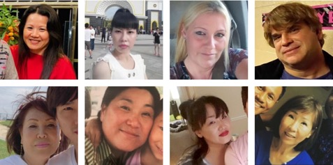 Figure 1. The victims of the Atlanta Spa Shooting from left to right: (from Young’s Asian Massage) Xiaojie “Emily” Tan, 49; Daoyou Feng, 44; Delaina Ashley Yaun Gonzalez, 33; and Paul Andre Michels, 54; (from Gold’s Massage Spa) Soon Chung Park, 74; Suncha Kim, 69; and Hyun Jung Grant, 51; and (from Aromatherapy Spa) Yong Ae Yue, 63. (Vinopal)