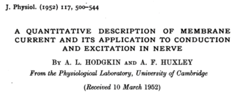 Reproduction of the first page of the classical Hodgkin-Huxley paper describing the equivalent circuit model.