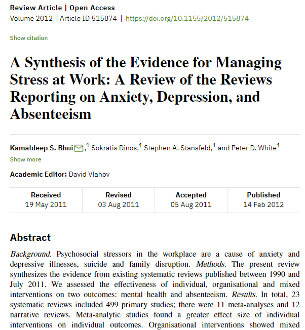 Secondary scholarly article titled, "A synthesis of the Evidence for Managing Stress at Work: A Review of the Reviews Reporting on Anxiety, Depression, and Absenteeism" in the Journal of Environmental and Public Health.