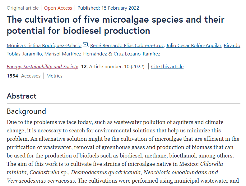 Primary trade article titled, "The cultivation of five microalgae species and their potential for biodiesel production," in the Journal of Energy, Sustainability and Society.