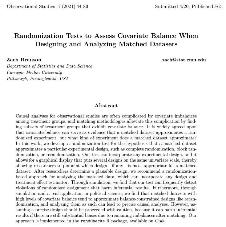 Primary scholarly article titled, "Randomization tests to assess covariate balance when designing and analyzing matched datasets," in the Journal of Observational Studies.