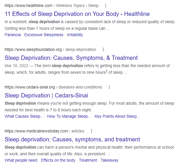 Examples of Google search results for sleep deprivation