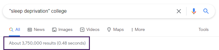 Google search result numbers for "sleep deprivation" college