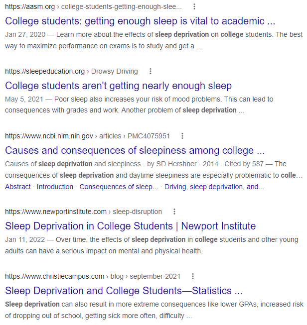 List of search results on Google for "sleep deprivation" college