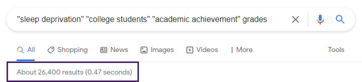 Search results numbers for "sleep deprivation" "college students" "academic achievement" grades