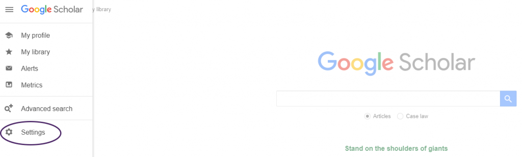 Google Scholar settings menu
