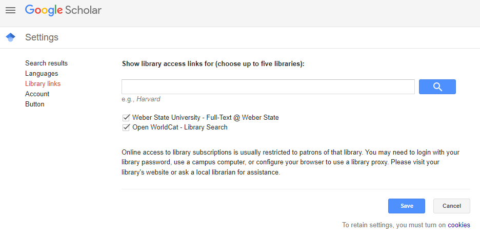 Google Scholar settings page