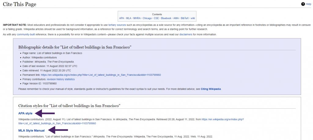 Bibliographic details page for "List of tallest buildings in San Francisco" Wikipedia page