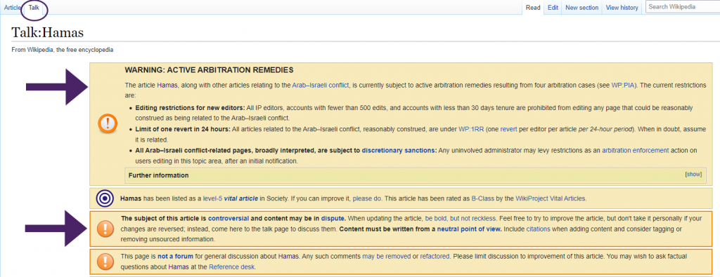 Wikipedia talk page for Hamas article