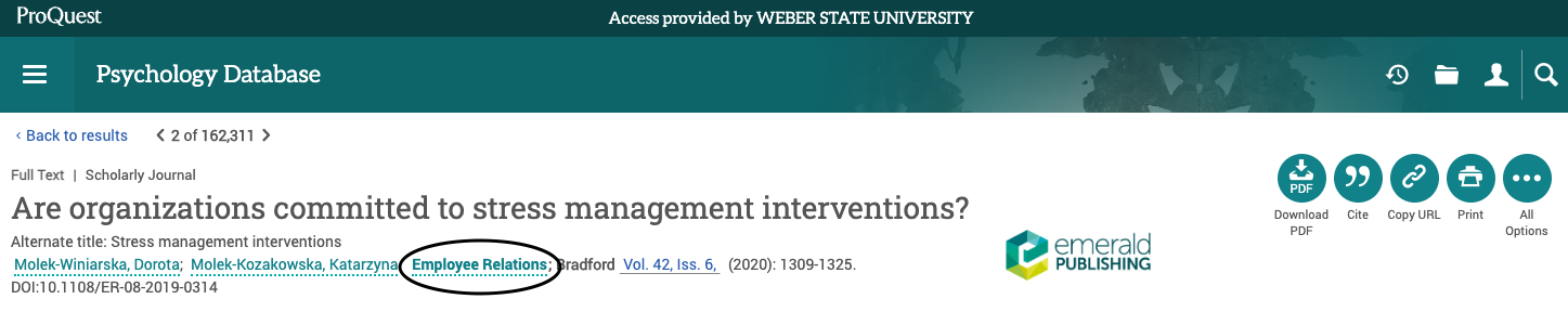 ProQuest Psychology Database record for article titled, Are organizations committed to stress management interventions? in journal titled Employee Relations