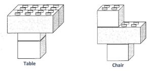 Two simple lego creations. One is a table, consisting of two stacked 2x2 legos topped by side-by-side 4x2 legos. The other is a chair consisting of a 2x2 lego on the bottom, centered under a 4x2 lego, which is topped by another 2x2 lego, set to the left.