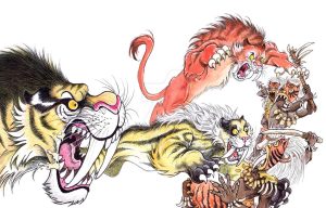 Illustration from a children's book envisioning a tiger attack