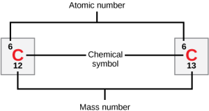 Image of a block of the periodic table, indicating the chemical signal, the atomic number, and the atomic mass number.