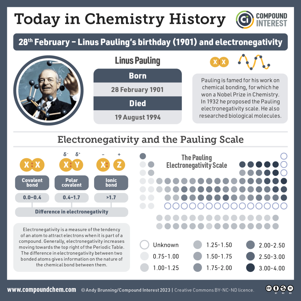 Infographic created for Linus Pauling's birthday, showing the arrangment of electronegativity in the periodic table.