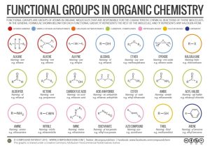 Chart with 2-dimensional line drawings of common organic functional groups.