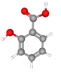 3-dimensional ball-and-stick drawing of salicylic acid.