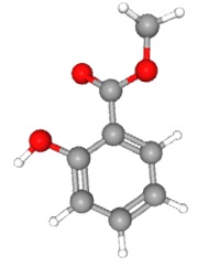 3-dimensional ball-and-stick drawing of methyl salicylate.
