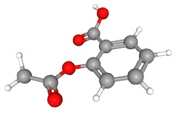 3-dimensional ball-and-stick drawing of acetyl-salicylic-acid.