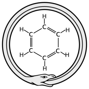 Illustration of an benzene ring surrounded by an ouroboros.