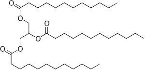 2-dimensional line drawing of a triglyceride molecule.