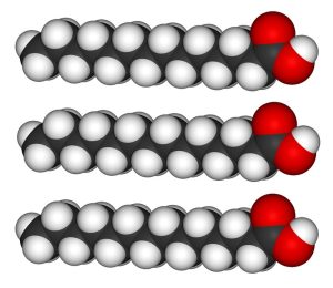 Space filling model of three separate fatty acid molecules.