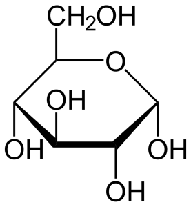 2-dimensional line drawing of a glucose molecule.